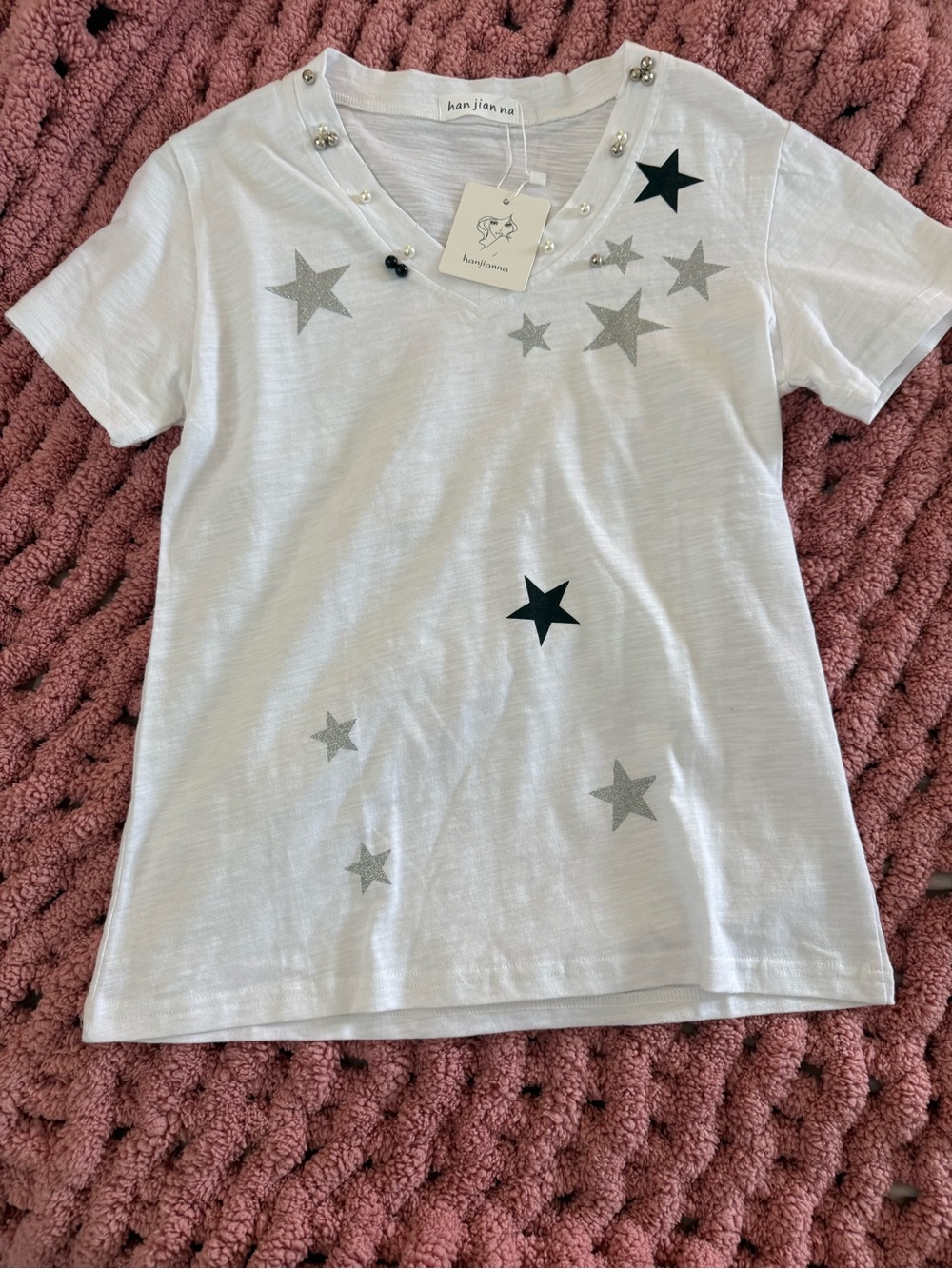 NWT Han Jian Na White V-Neck Star Print Embellished Slub Cotton T-Shirt Top